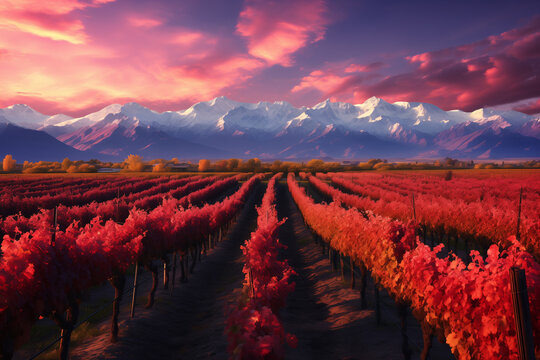 Vineyard near Mendoza, beautiful landscape in autumn sunset