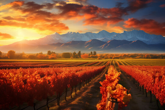 Vineyard near Mendoza, beautiful landscape in autumn sunset