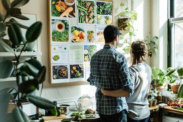 Inside a nutritionist's consultation room, a couple discusses their meal plan, board showcases vibrant food photos and nutritional charts. - obrazy, fototapety, plakaty