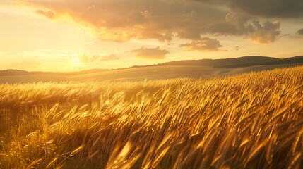 Rolling hills blanketed in a tapestry of golden wheat fields, swaying gently in the breeze. The warm glow of the afternoon sun casts long shadows across the landscape, creating a sense of depth 