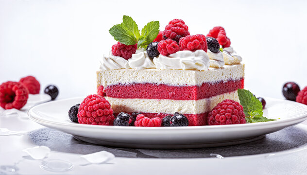  delicious cake with layers of red velvet sponge cake, cream cheese frosting, and fresh raspberries and blackberries