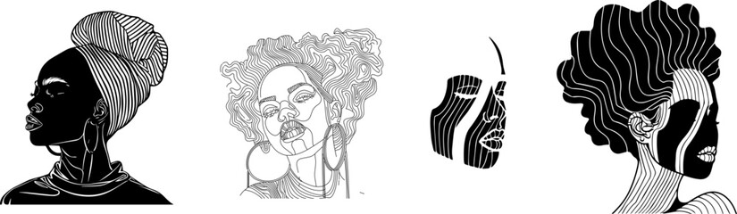Silhouette of black woman, line art, doodle art, Vector illustration.