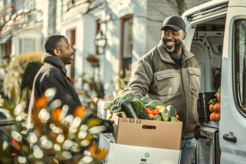 A delivery driver unloading fresh produce boxes from a van, while a grateful customer welcomes the doorstep grocery delivery.