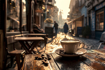 The inviting aroma of freshly ground coffee beans permeating the air of a quaint street-side cafe, where passersby pause to indulge in a moment of relaxation and connection, - obrazy, fototapety, plakaty