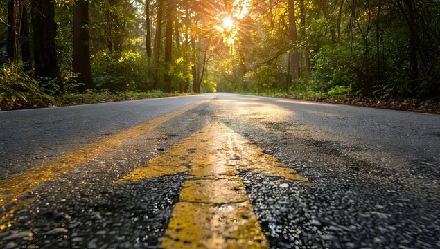 Arrow sign pointing forward on long empty straight road, highway. Conceptual - travel, goal, future perspective etc. AI generated illustration