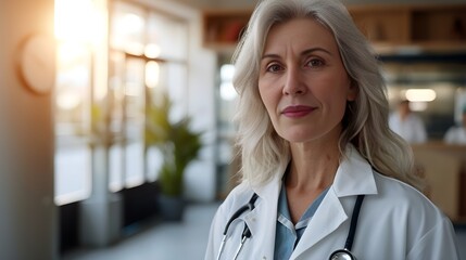 Portrait of beautiful mature woman doctor looking at camera in background at hospital with sun light through window and copy space