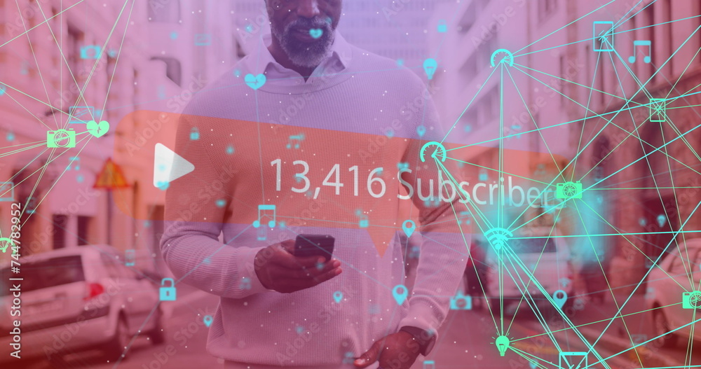 Poster image of networks with subscribers text and numbers with digital icons over man using smartphone