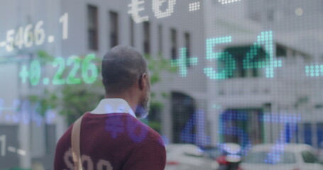 Stock market data processing against african american senior man with bicycle walking on the street