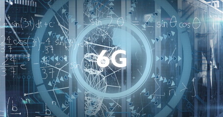 Image of data processing and 6g text over server room