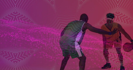 Image of pink mesh and data processing over diverse basketball players