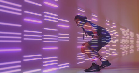 Image of neon pattern and biracial basketball player