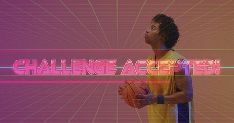 Image of challenge accepted text over neon pattern and biracial basketball player