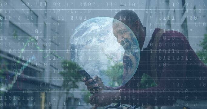 Image of financial data processing, binary coding and globe over man using smartphone