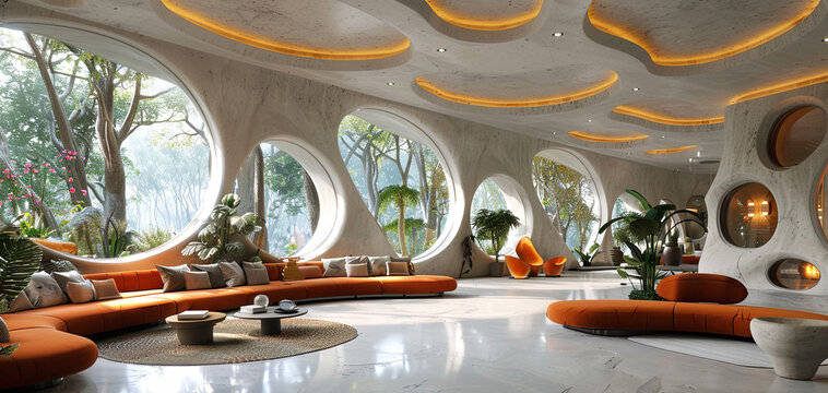 A serene, modern living area with organic architecture, unique lighting, and orange seating, surrounded by a lush garden.