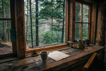Fototapeta na wymiar Within the confines of a cozy cabin nestled in the heart of the wilderness, capture the intimate moment of someone sipping coffee, their mind immersed in the world of words as they