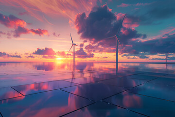 Solar panels with wind turbines on sunrise - obrazy, fototapety, plakaty