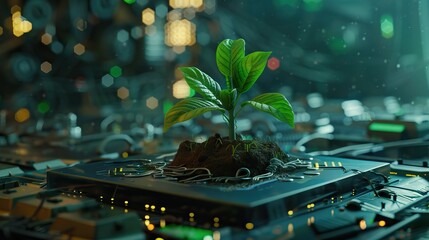 Tree with soil growing on the converging point of computer circuit board. Blue light and wireframe network background. Green Computing, Green Technology. AI generated illustration