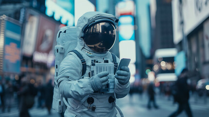 Astronaut Texting in Urban Landscape: Interstellar Communication Concept