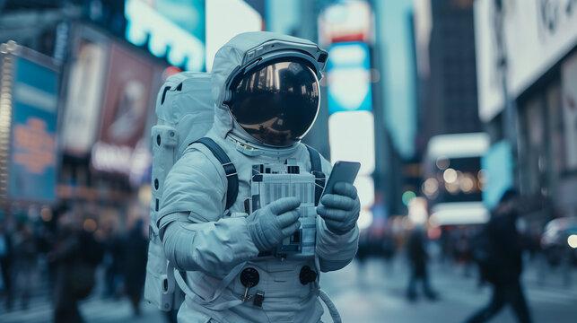 Astronaut Texting in Urban Landscape: Interstellar Communication Concept -generative AI