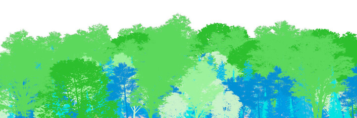 Detailed 3D silhouette visualization of a coniferous forest panorama on a transparent background. Technical map for graphic programs, render element for quick background replacement.