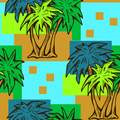Tropical seamless pattern with palm leaves and tree. Holiday vocation theme for fabric print, textile design, fashion party invitation, luxury life style. Hand drawn cartoon line illustration.