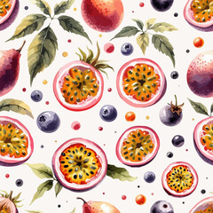 Hand drawn watercolor passion fruit seamless pattern.