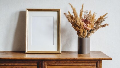empty frame mockup with dried flower on sideboard on white background