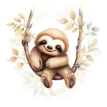 A charming illustration of a smiling sloth hanging leisurely from tree branches surrounded by soft foliage.
