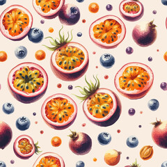 Hand drawn watercolor passion fruit seamless pattern.