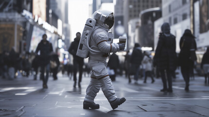 Astronaut on City Commute: A Journey Beyond Earth within Urban Bounds - obrazy, fototapety, plakaty