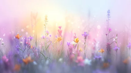 Deurstickers A soft-focus view of a wildflower meadow, bathed in the warm glow of a rising sun, evoking a dreamlike quality.  © Michiko