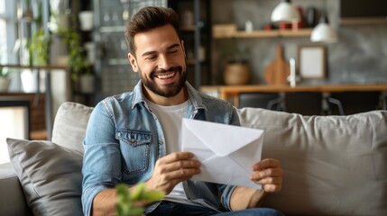 Joyful hispanic received letter mail notification man sitting at home in living room on sofa holding envelope smiling reading. 
