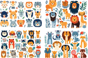 set child character cute animal jungle design print illustration vector cartoon childish card lion baby decoration graphic tiger art elephant wild Africa decoration graphic tiger art