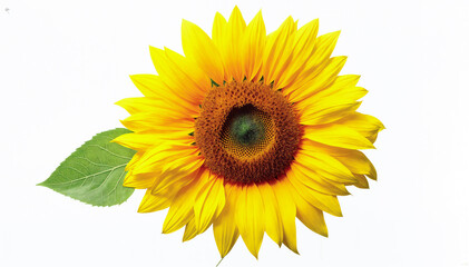  Bright, beautiful sunflower with a single leaf isolated on a white background.