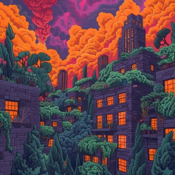 Surreal Urban Jungle: Enveloped in Dense Foliage with Towering Structures Amid Fiery Clouds

