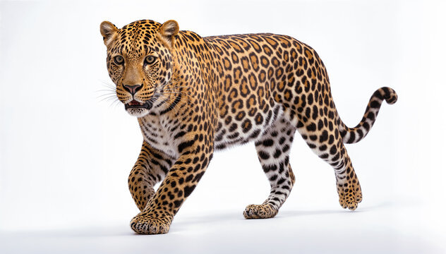  A large and powerful leopard with a thick coat of fur, and a long tail with white background