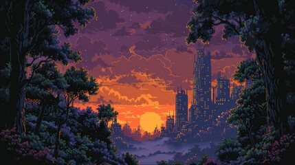 Mystical Forest Sunset: Ancient Ruins with Modern City Silhouette in the Background