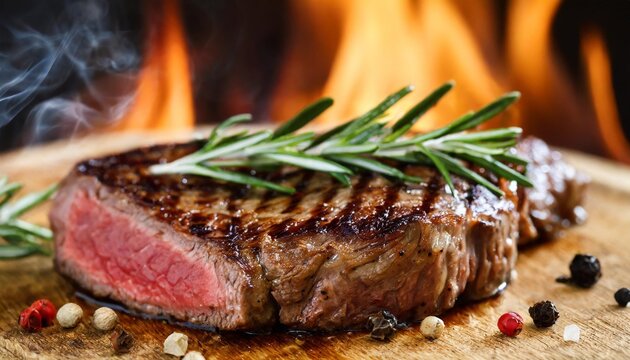 grilled steak medium rare rosemary smoky flame background