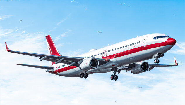  A large passenger airplane with red and white livery is flying in the sky