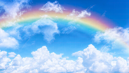  Amazingly vivid rainbow over fluffy white clouds and blue sky - obrazy, fototapety, plakaty