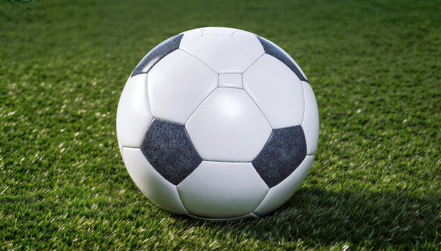 Close up Classic black and white soccer ball laying on the green grass field