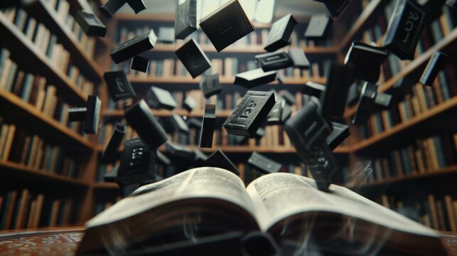 Open book with falling black letters. Letters of the alphabet in levitation in the air over the open book 