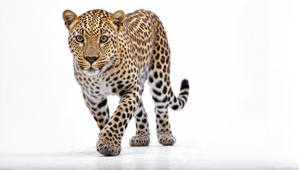  A large and powerful leopard with a thick coat of fur, sharp, and a long tail with a white background