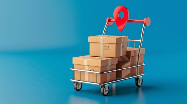 Parcel boxes or cardboard boxes are stacked on top of trolleys used in warehouse and red pin location for customer delivery place on top, vector 3d isolated for ecommerce, delivery, online shopping -