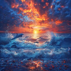 Vivid Sunset over Turbulent Sea with Dolphins and Dynamic Sky, Symbolic of Nature's Power and Elegance