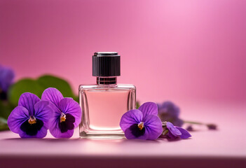 Womens perfume bottle and violets flowers on pink background