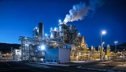  A large industrial complex with smoke coming out of the smokestacks at night, with stars in the background and 