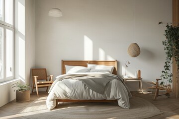 Modern Scandinavian interior design bedroom with comfortable king size bed