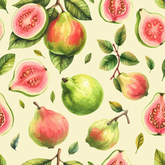 Guava with leaves seamless pattern. Vector watercolor exotic fruits background.