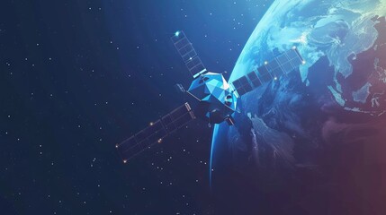 Polygonal Space Satellite Glowing on Starry Sky Background. Space orbital satellite on the blue background. Isolated vector illustration 